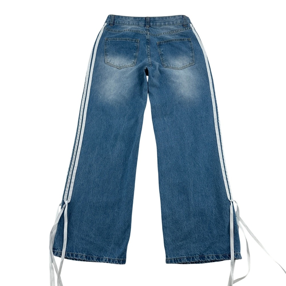 Telepatia Wide Leg Jeans Blue Denim Double Stripe Tie Ankle Street Wear Women 5